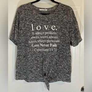 Unwritten Women’s Gray L Tied Tee Shirt with 1 Corinthians 13:7-8